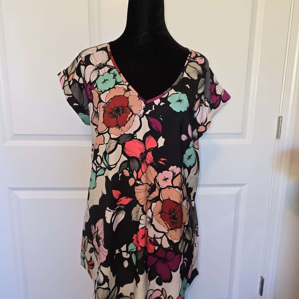 Express Floral V-Neck Blouse - Black and Multicolor